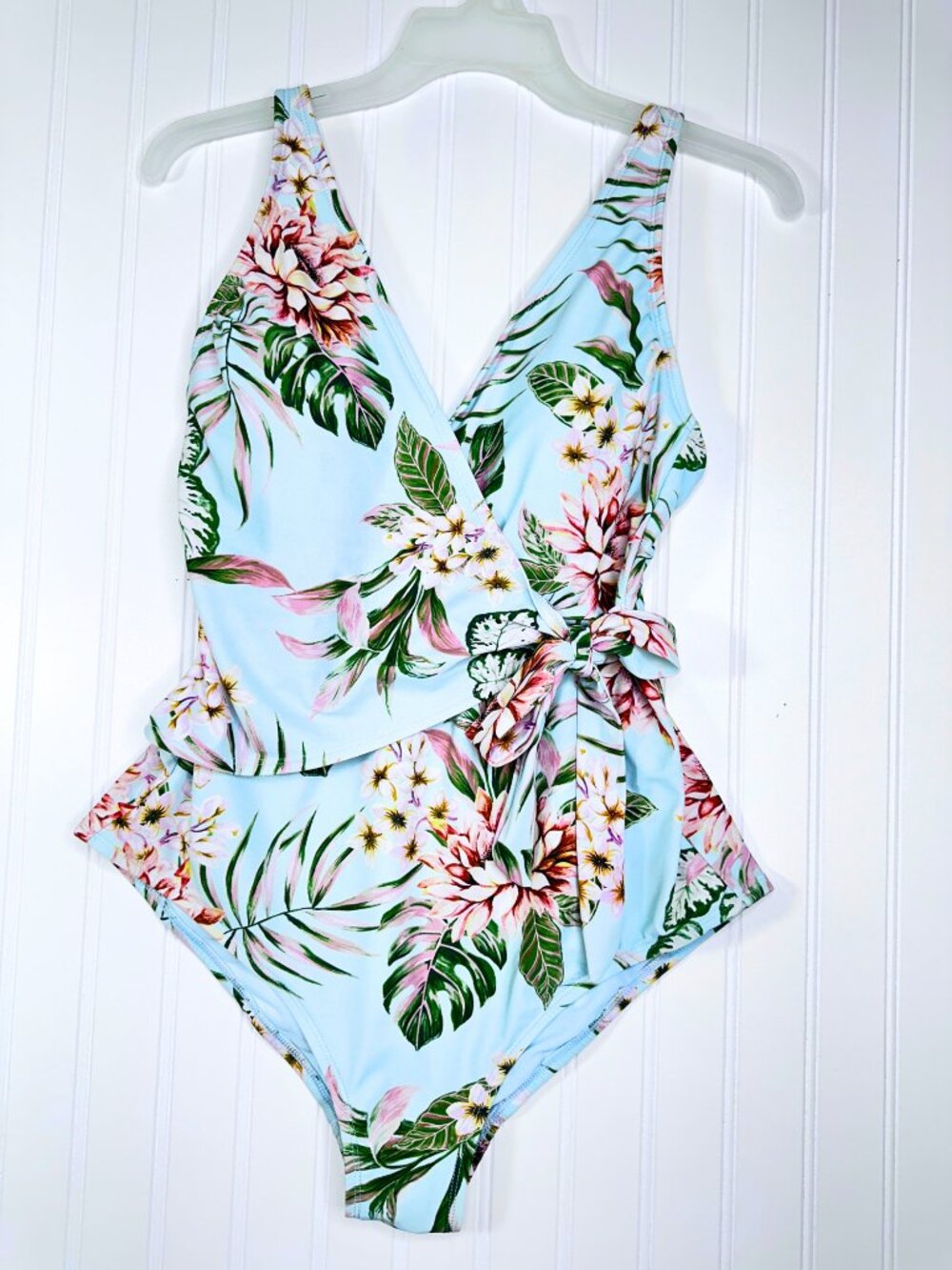 Kona Sol One Piece Swimsuit Blue Floral Wrap Front Side Tie High Coverage Size L